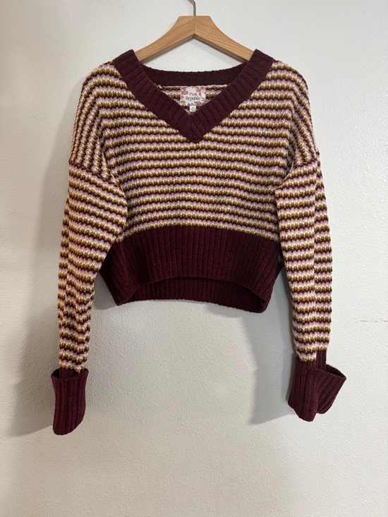 Pink Republic Sweaters - Pink Republic Striped V-Neck Sweater in Burgundy, Cream & Mustard cropped